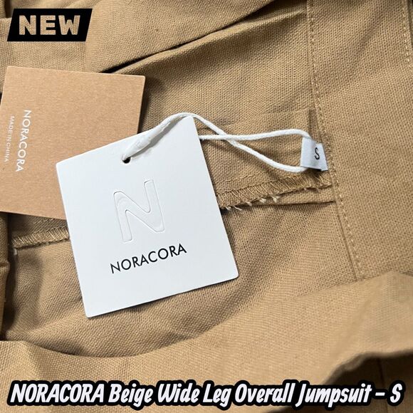 NEW NORACORA Beige Wide Leg Overall Jumpsuit Adjustable Straps Size S - Picture 7 of 12
